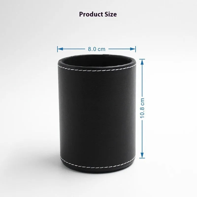 Black leather cylindrical pen holder measuring 8cm wide × 10.8cm tall on desk