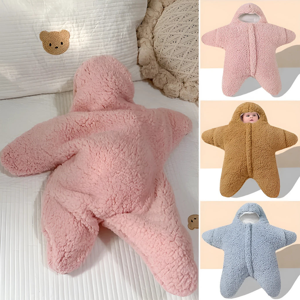 Baby sleeping bag with hood in cashmere and cotton, showing zipper and cuffs.