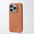 Black genuine leather iPhone case with alloy metal camera protection frame and MagSafe magnetic ring