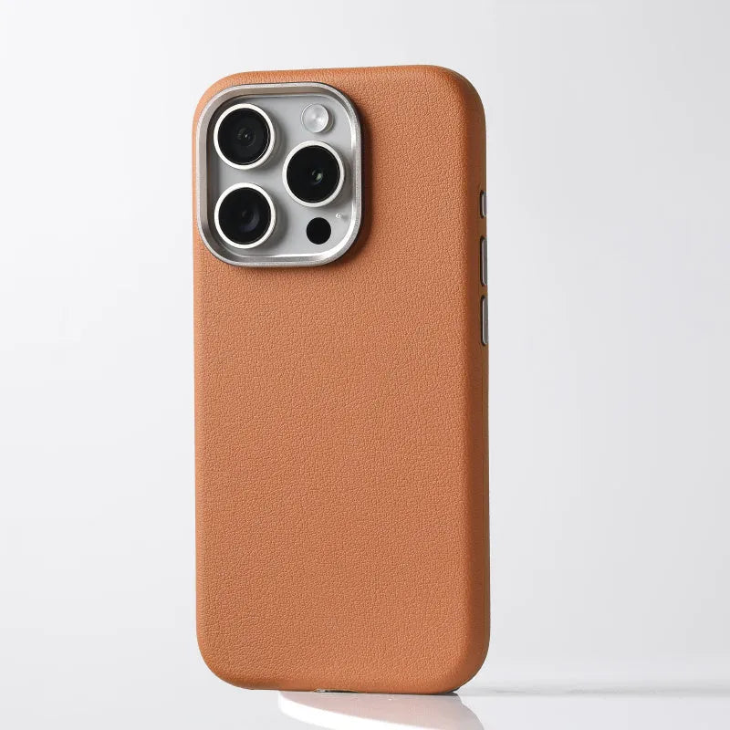 Black genuine leather iPhone case with alloy metal camera protection frame and MagSafe magnetic ring