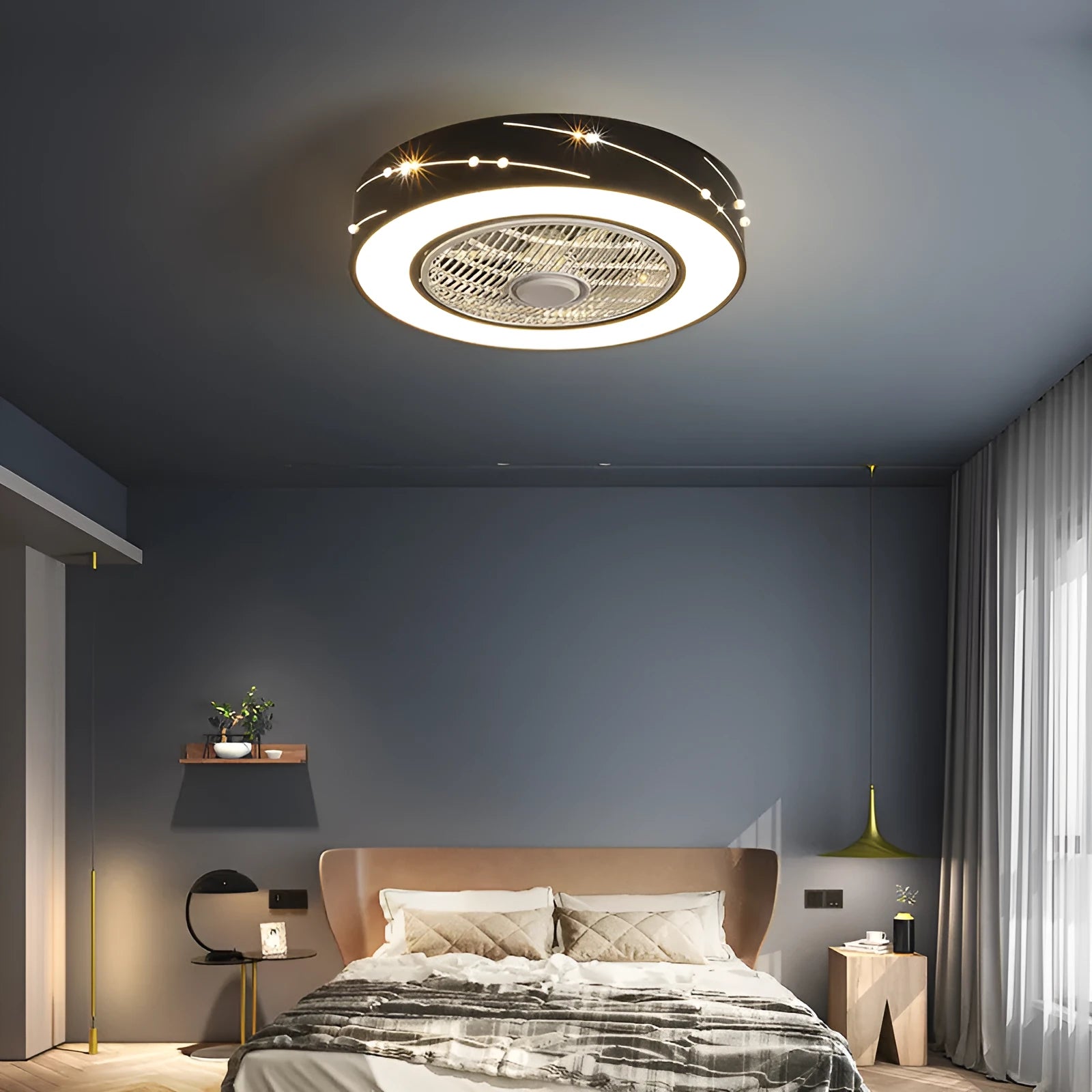 Household invisible integrated LED ceiling lamp with fan, remote control, acrylic round shade, 50cm size, black finish