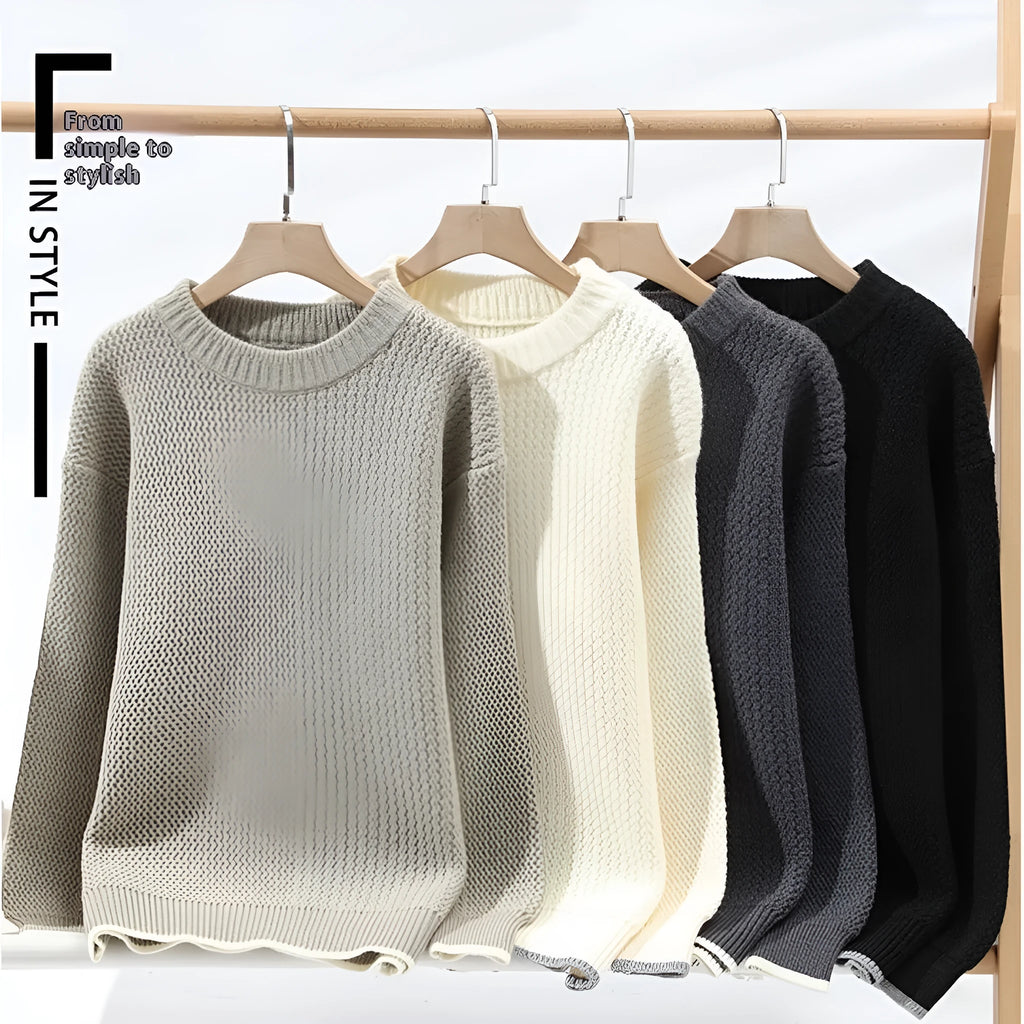 Men's grey round neck pullover sweater with loose fit long sleeves