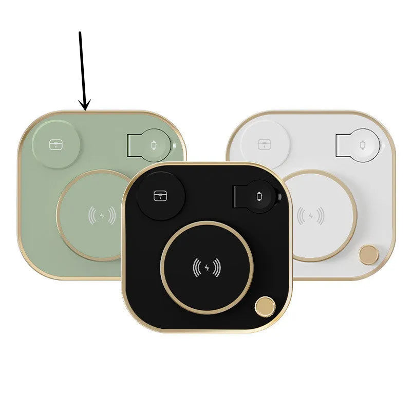 Black, green, or white 15W wireless magnetic charger with optional desk lamp and USB-C cable.