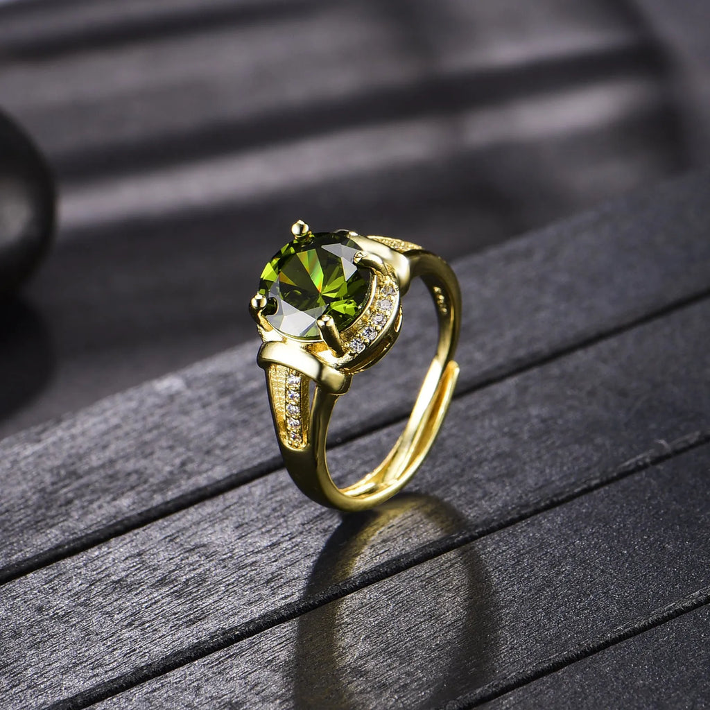 Olive green 18K gold-plated adjustable open ring on copper with sparkling stone inlay, geometric style