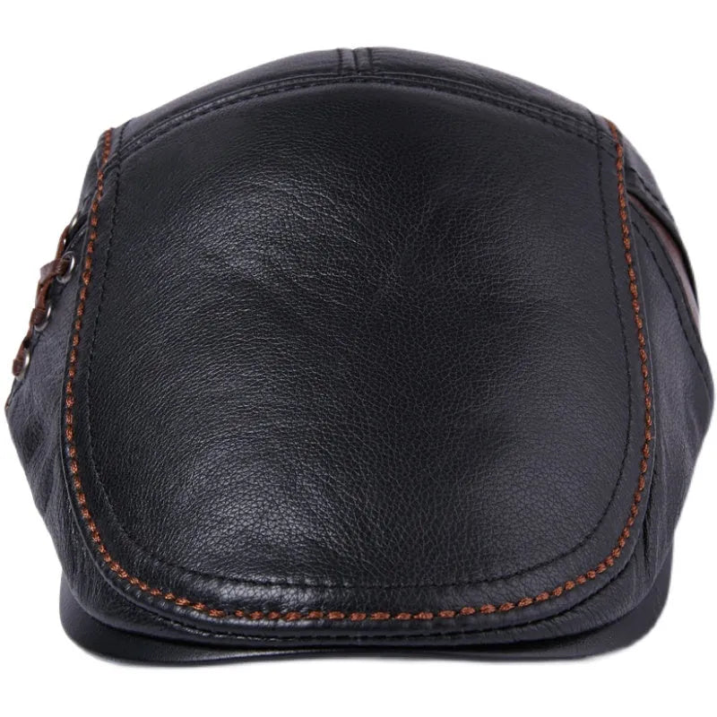 Men's cowhide leather beret hat in black with peaked cap, dome and short brim