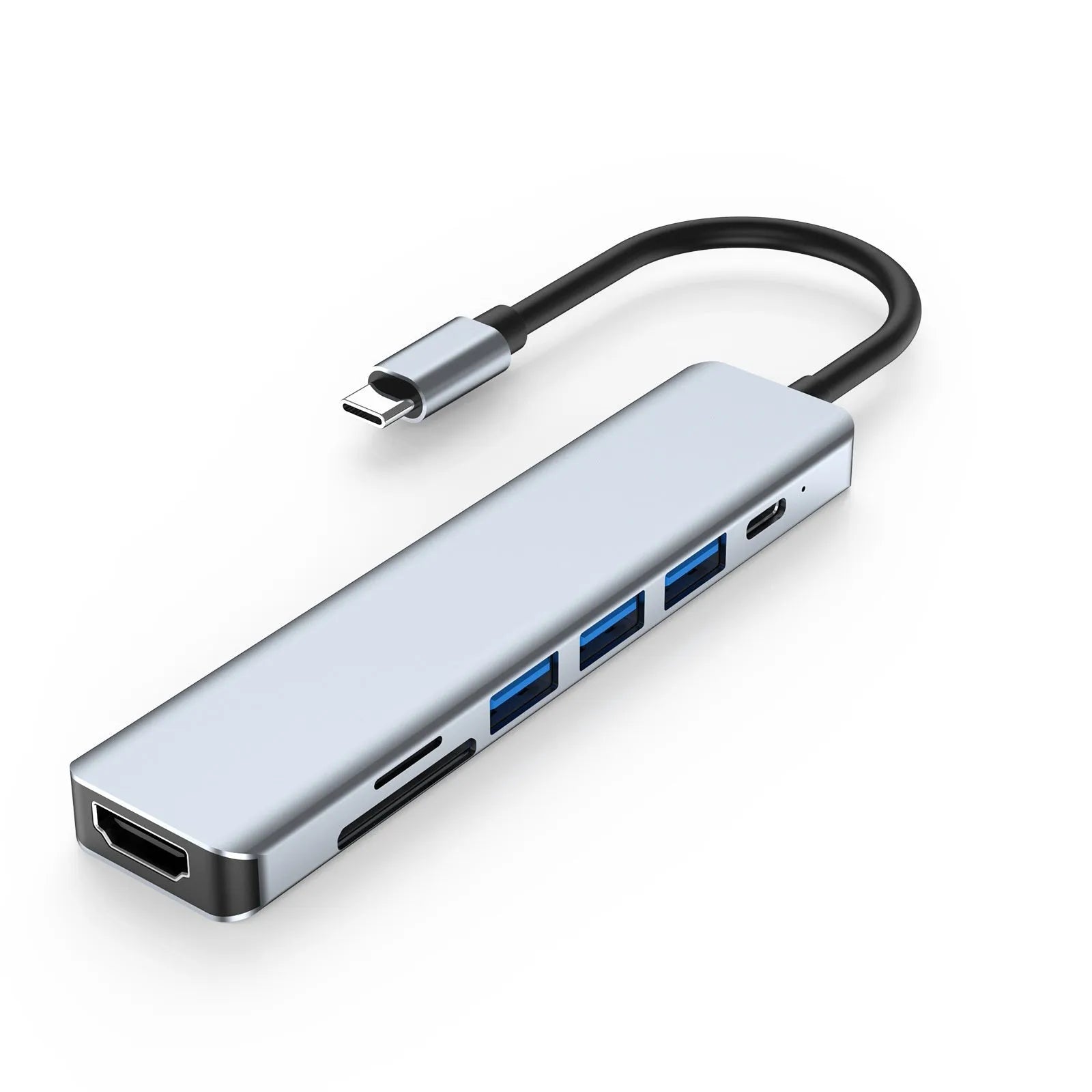 Seven-port USB expander with a short Type-C cable connected to a laptop.