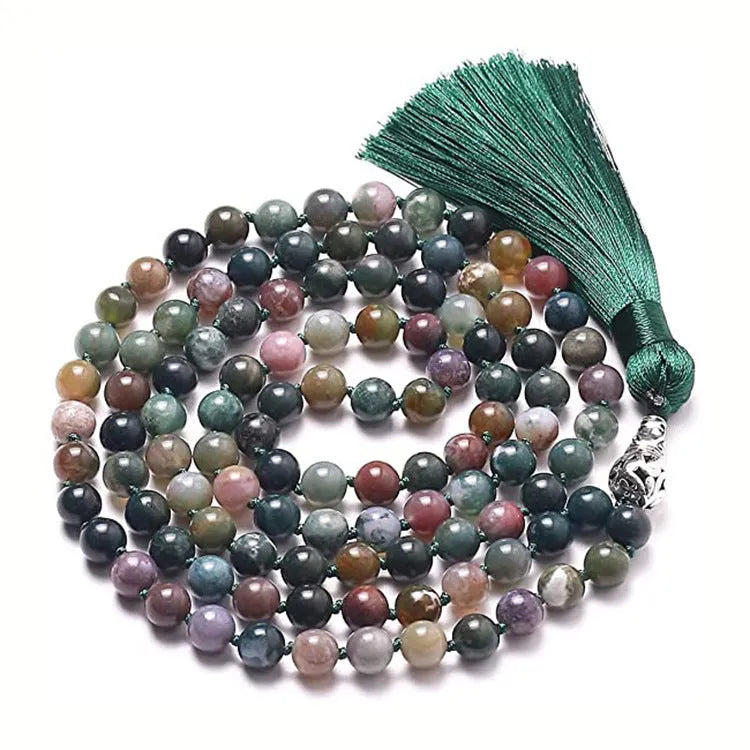Agate tassel necklace with multiple stone colours including Indian agate, amethyst and blue grain stone on 95-100cm length