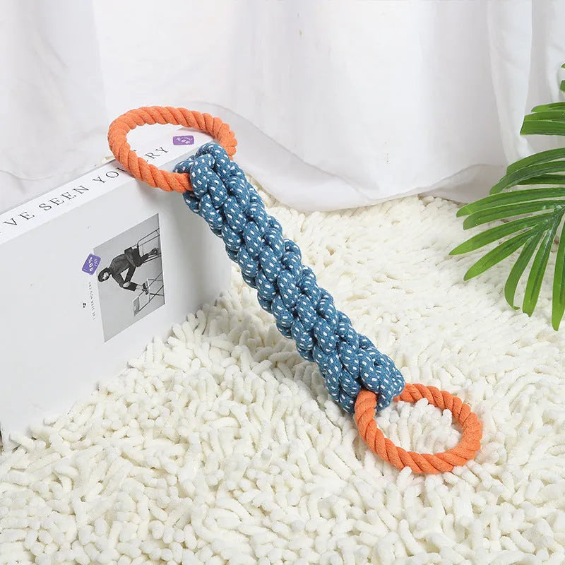 Blue double-ring braided cotton rope dog chew toy with bone shape and textured knots for dental cleaning