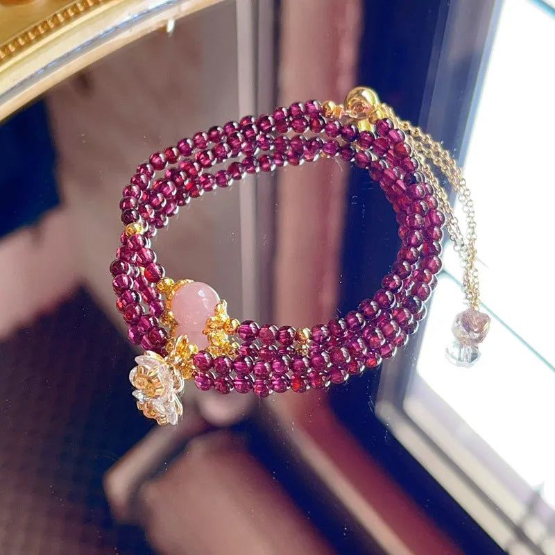 Natural garnet women's bracelet with double ring design and genuine stones