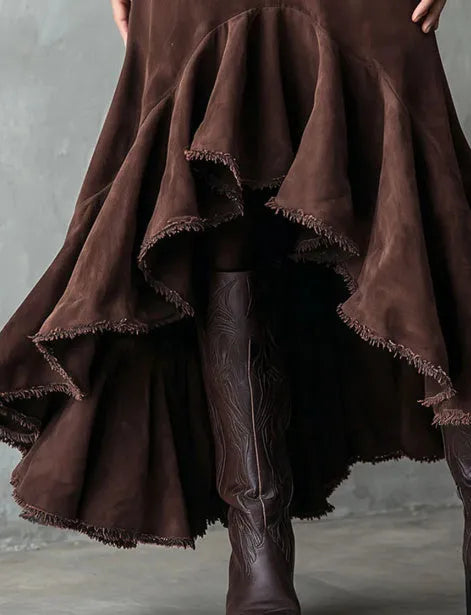 Western Brown polyester maxi skirt with high-low hemline and ruffle detailing