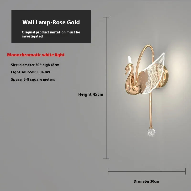 Gold modern swan-shaped bedside wall lamp with acrylic shade and dimmable LED lighting.
