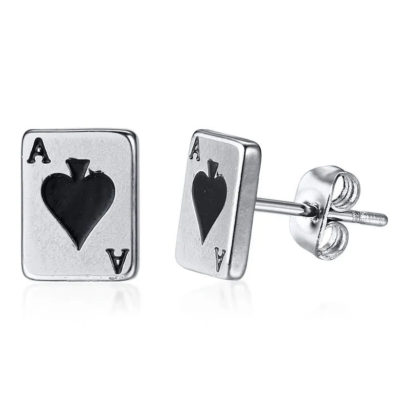 Small black peach A stud earrings in titanium steel with quadrilateral geometric punk style, shown as a pair.