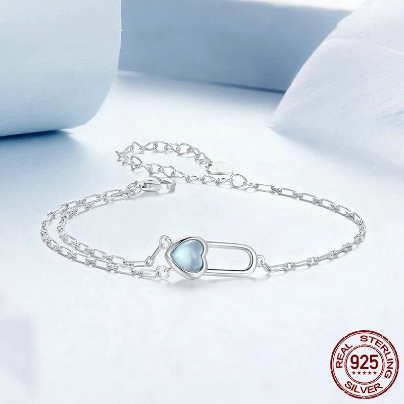 S925 sterling silver heart lock bracelet for women with electroplated finish on white background