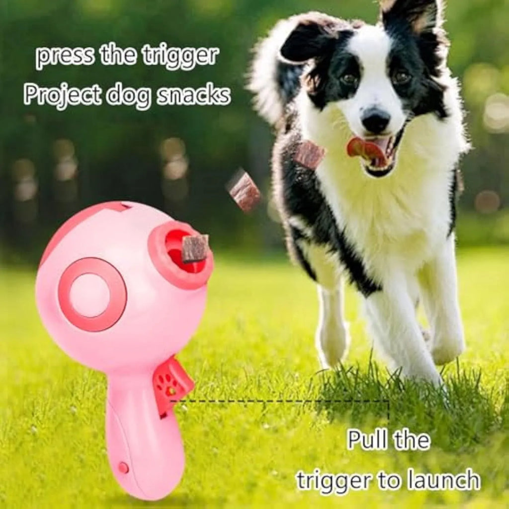 Green, orange, and pink interactive dog treat launcher toy with food dispenser
