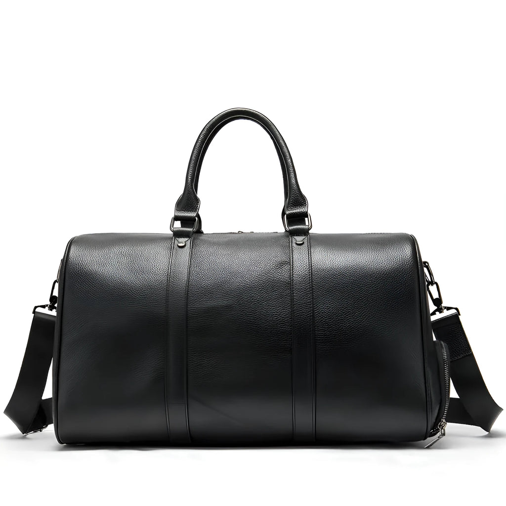 Men's black leather tote bag with single strap and large capacity design