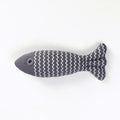 Set of three linen fish cat biting toys in navy blue, red, and yellow. Each measures 21x9x5cm.
