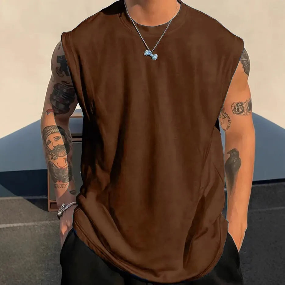 Men's loose cotton tank top in solid colours showing straight hem design and sleeveless cut