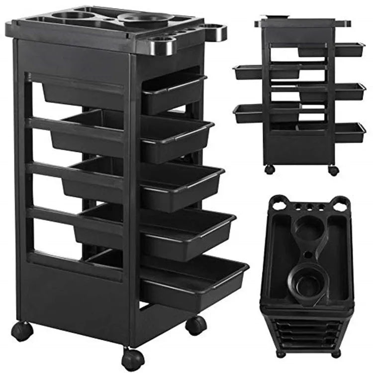 Black plastic 6-layer hair salon tool car trolley with multi-purpose storage
