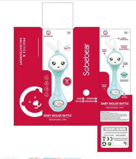 Baby musical teething stick toy in light blue, mint green, orange or pink with safe ABS plastic chewing surfaces