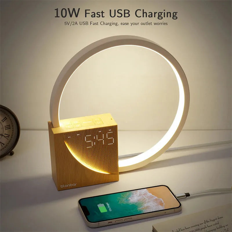 Touch control desk lamp with digital alarm clock display and natural sounds player in wooden finish