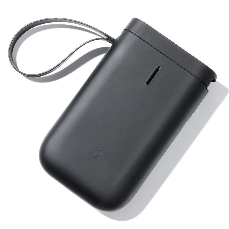 D11 Bluetooth direct thermal label printer in black, compact size 108x76x30mm, with thermal paper roll