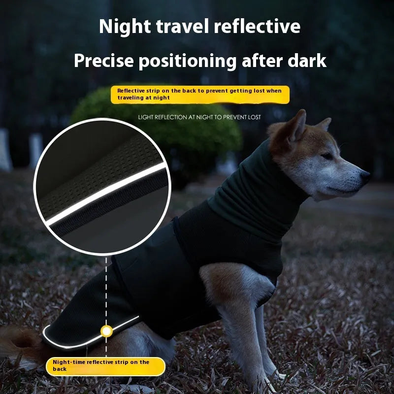 Army green polyester dog anti-anxiety jacket wrapped around a dog for calming pressure.