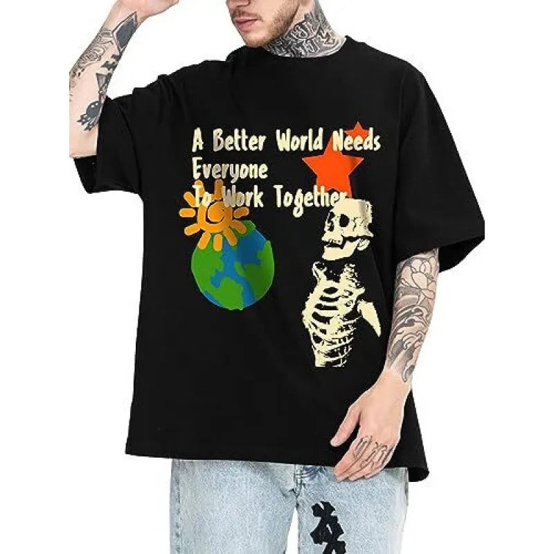 Men's printed short-sleeved street sports T-shirt on a hanger, showing one of the 10 digital print colour styles.