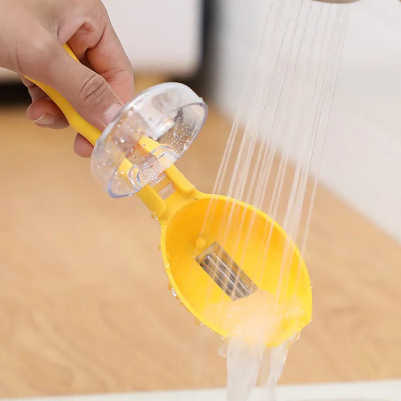 Yellow peeling knife with storage lid on a kitchen counter.