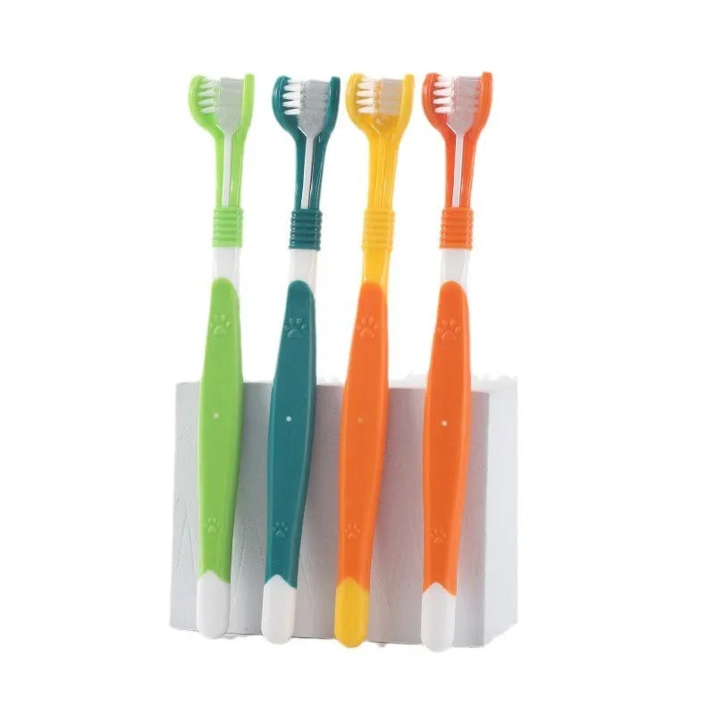 Pet toothbrush oral cleaning product in various colours including orange, green, yellow, blue pink, and black yellow
