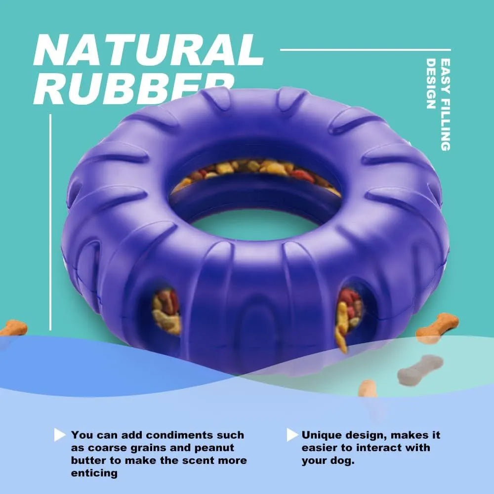 Blue green red tyre-shaped dog chew toy with oval openings for slow feeding