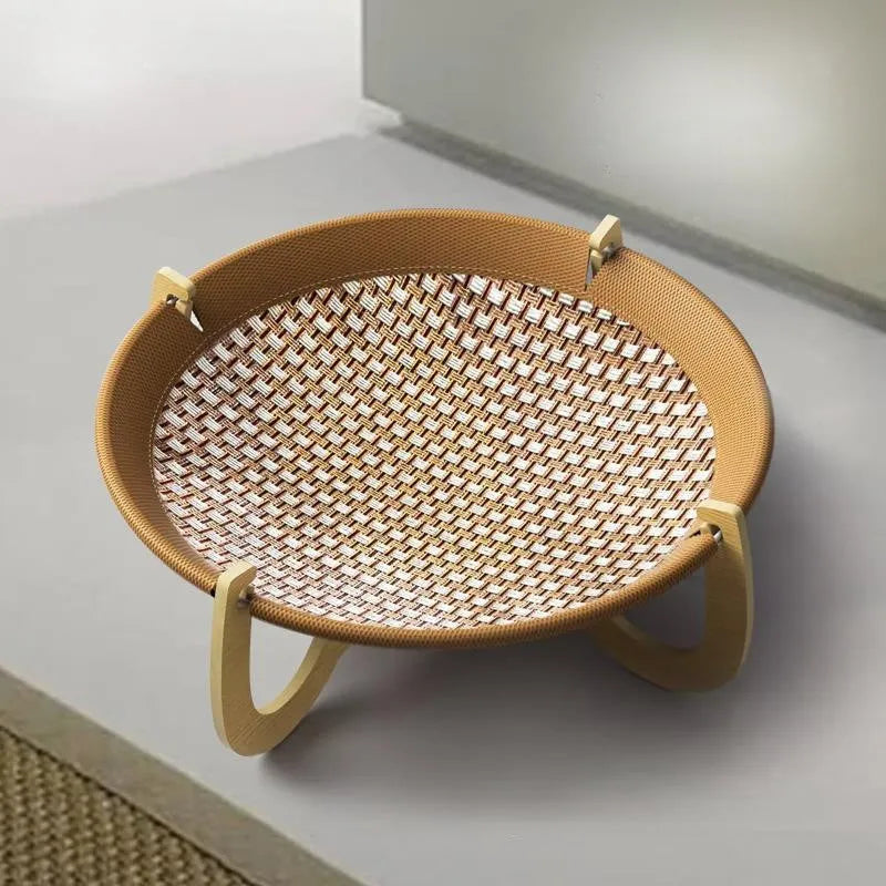 Brown woven rattan pet hammock bed measuring 46 cm square with 17.5 cm high sides