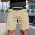 Men's straight-leg fifth pants in a solid colour, made from micro-elastic polyester fabric.