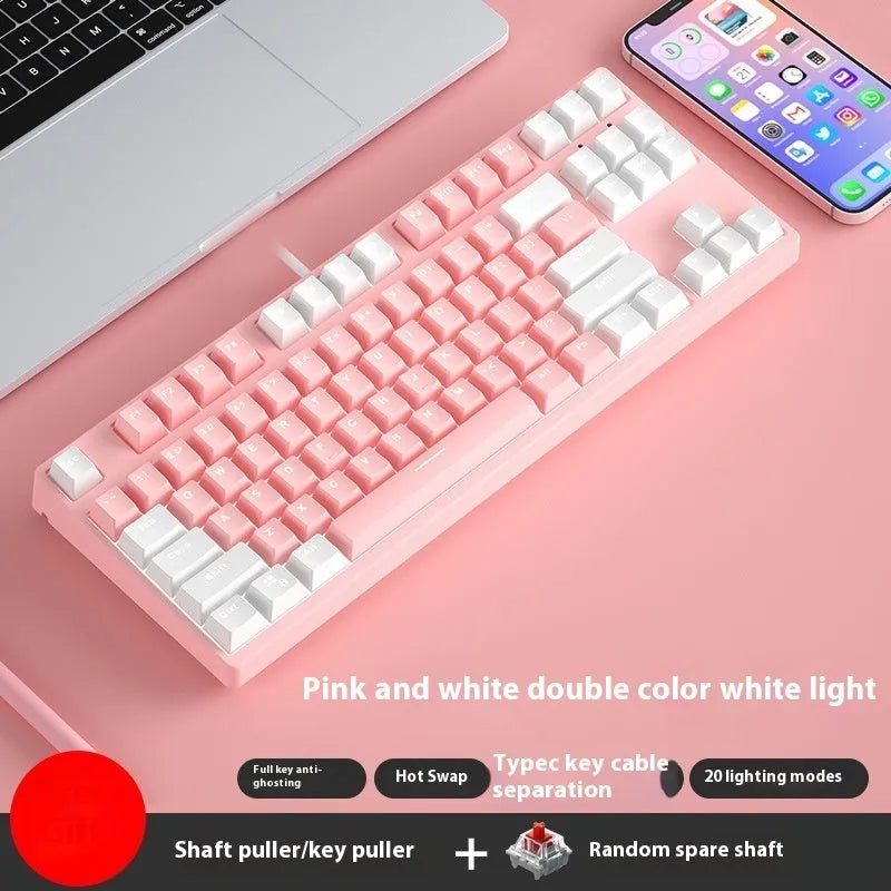 87-key wired mechanical gaming keyboard with hot-swappable switches in dual-colour keycap configuration