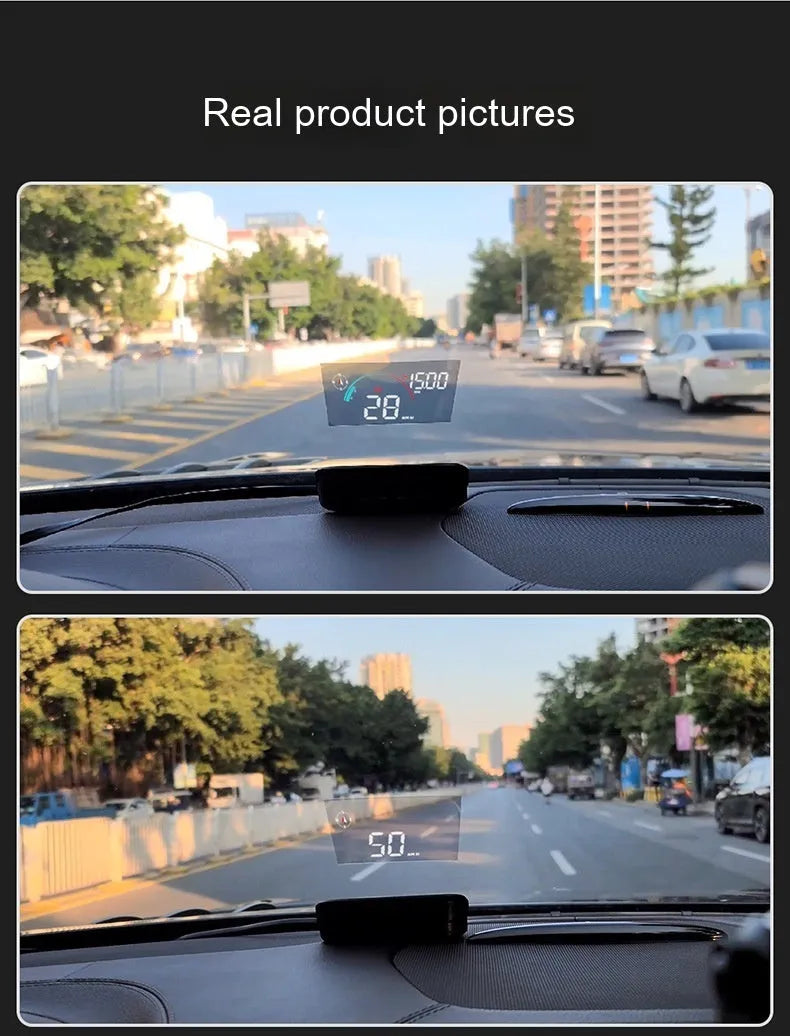 Black universal head-up display (HUD) car projector unit for windscreen speed and compass projection.