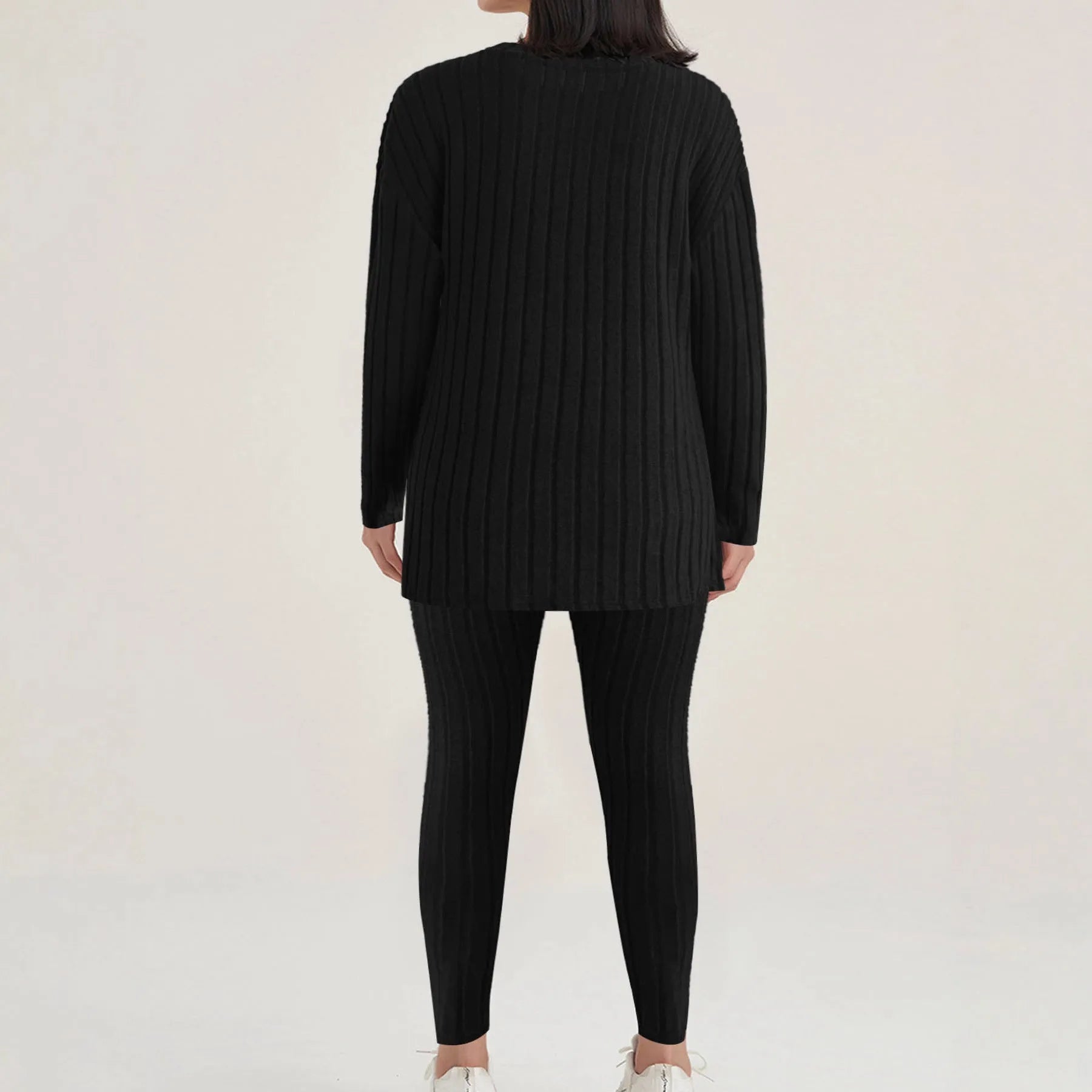 Women's black sunken stripe polyester two-piece homewear set with short-sleeve top and trousers