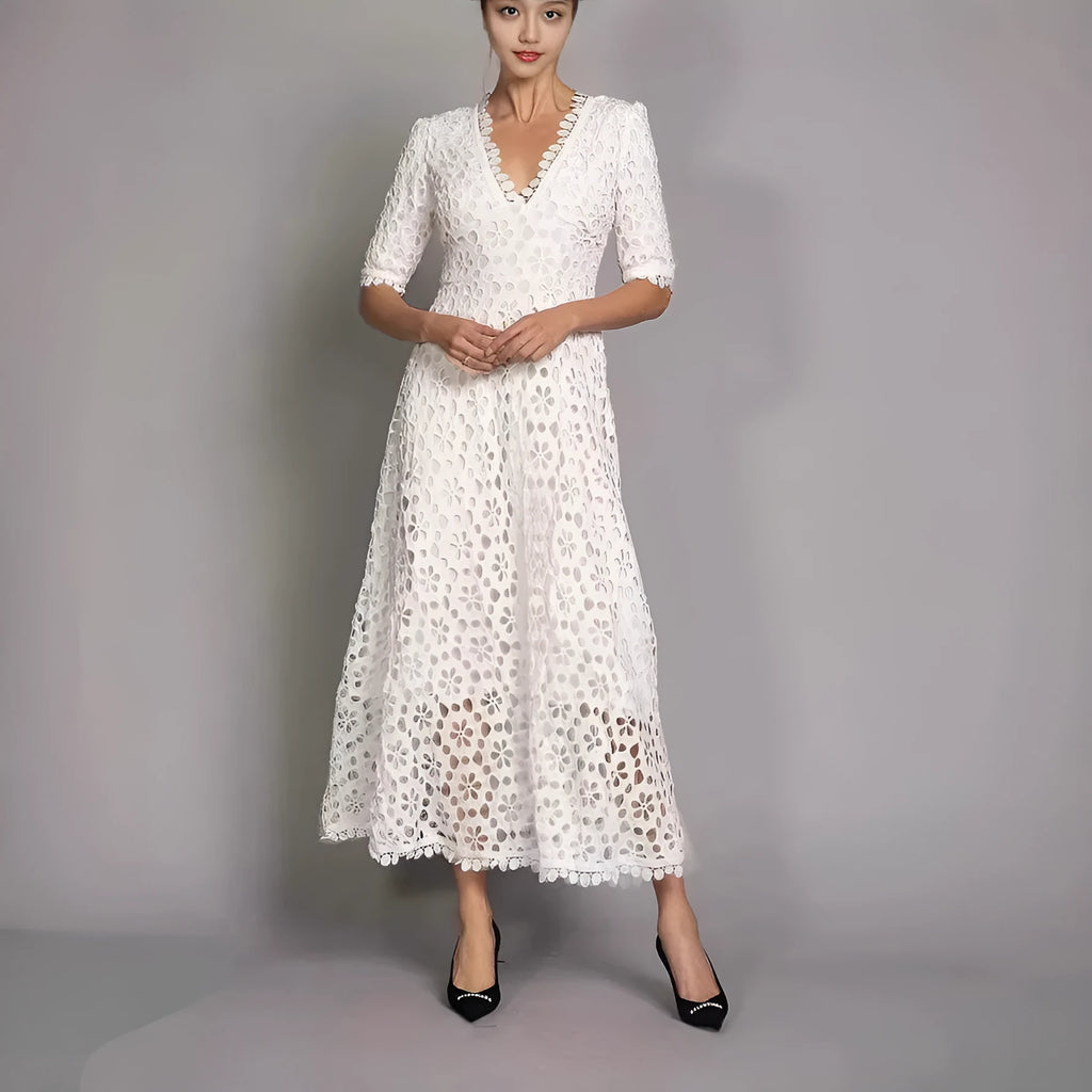 White lace long dress with V-neck design and hollow-out details for women