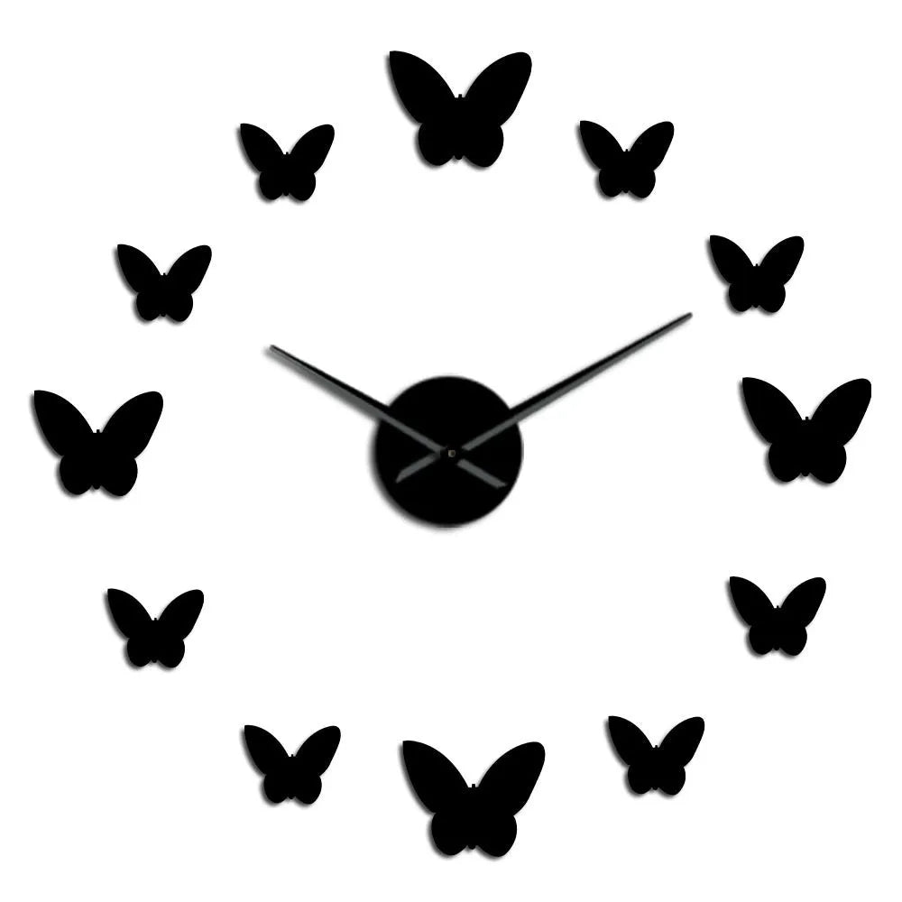 3D mirror butterfly wall clock, round Scandinavian style, available in black, gold or silver, digital display.
