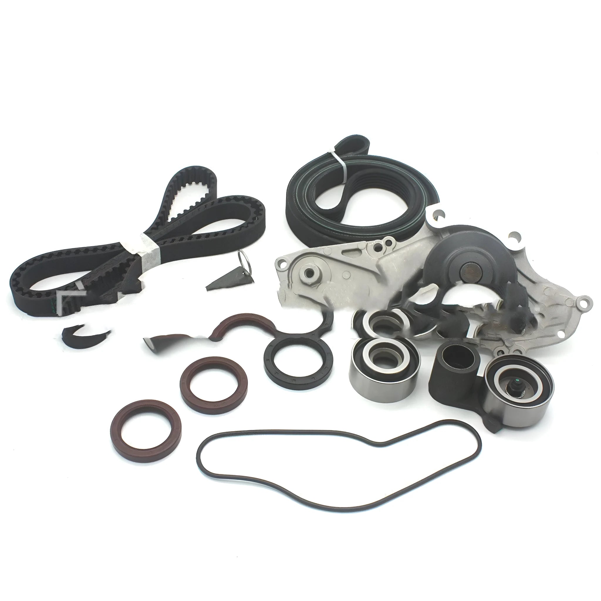 Metal automotive belt and water pump assembly measuring 28mm x 18mm x 16mm