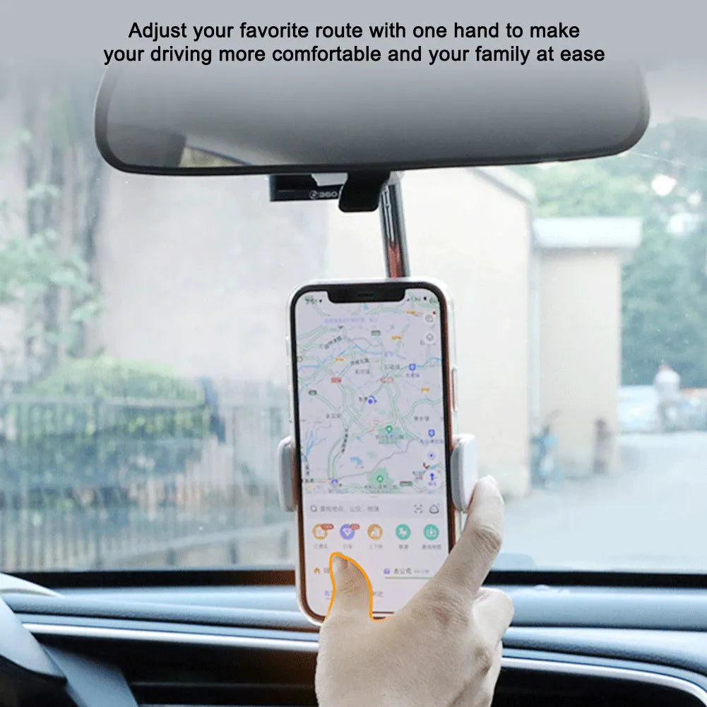 Black car rearview mirror phone holder showing 360-degree rotation joint and foam-padded phone cradle