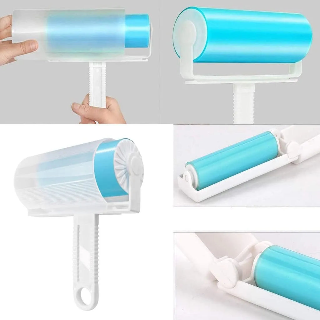 Blue reusable washable lint roller with cover for removing pet hair from clothes and sofas.