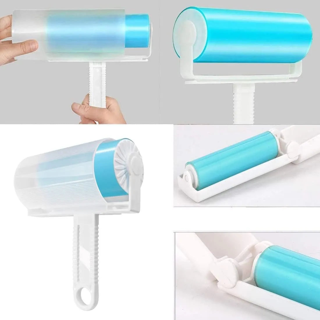 Blue reusable washable lint roller with cover for removing pet hair from clothes and sofas.