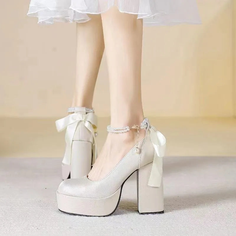 Women's waterproof platform wedding shoes with thick chunky heel in wine red colour with silk buckle detail