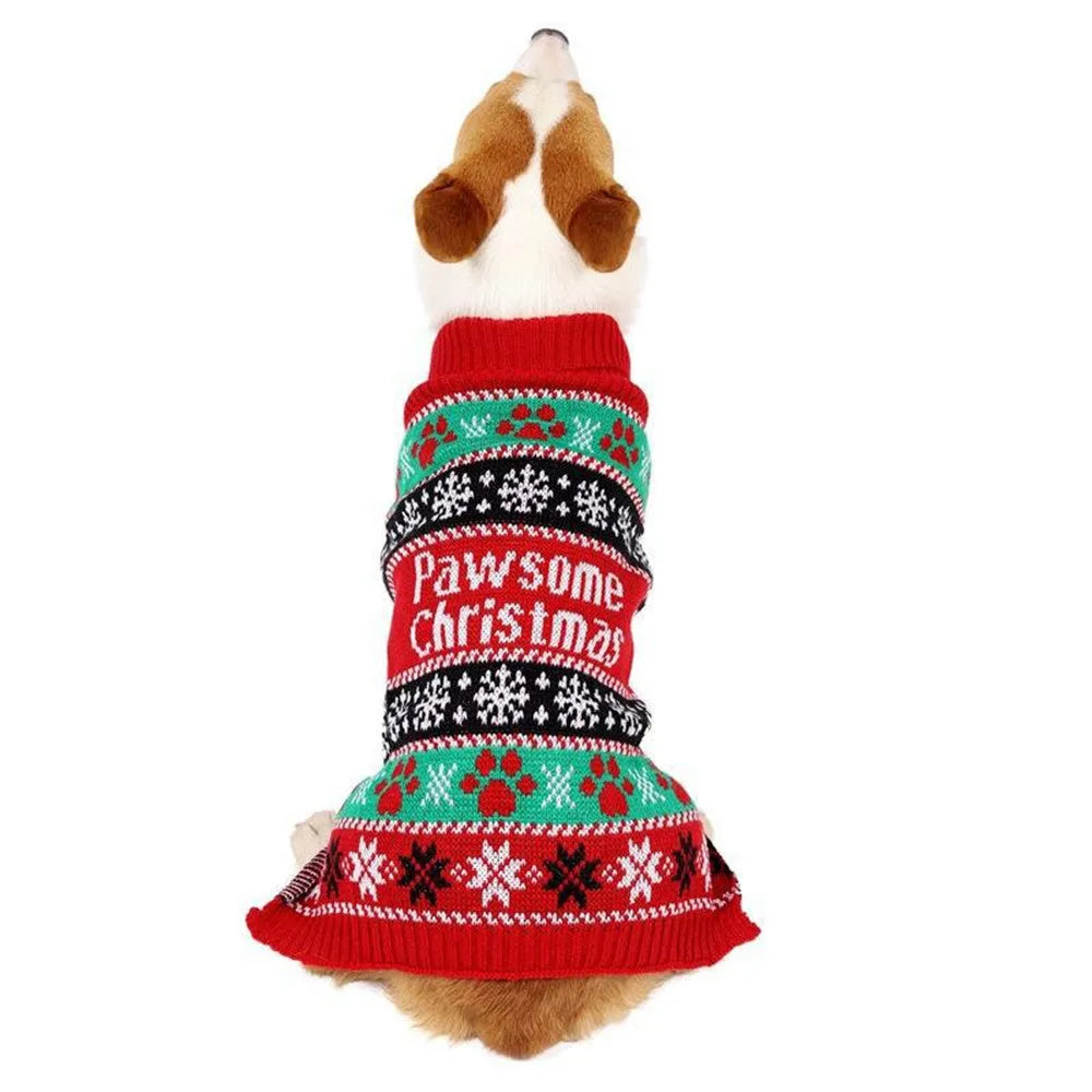 Red high-necked acrylic contrast colour dog sweater on a pet, available in sizes XS to XL