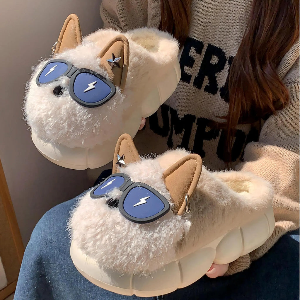 Thick-soled non-slip cotton slippers with plush upper and puppy design in black, white or coffee