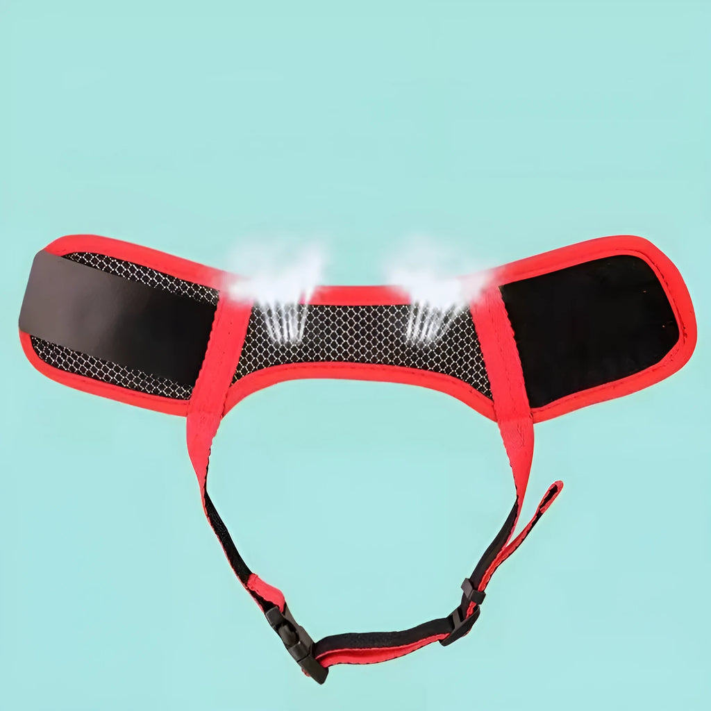 Breathable mesh dog muzzle with nylon straps, plastic fittings, and metal, shown in black, red, green, or pink, sizes XS to XXL