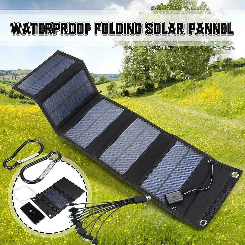 30W foldable solar charger with SunPower cells and dual USB outputs on camouflage fabric surface