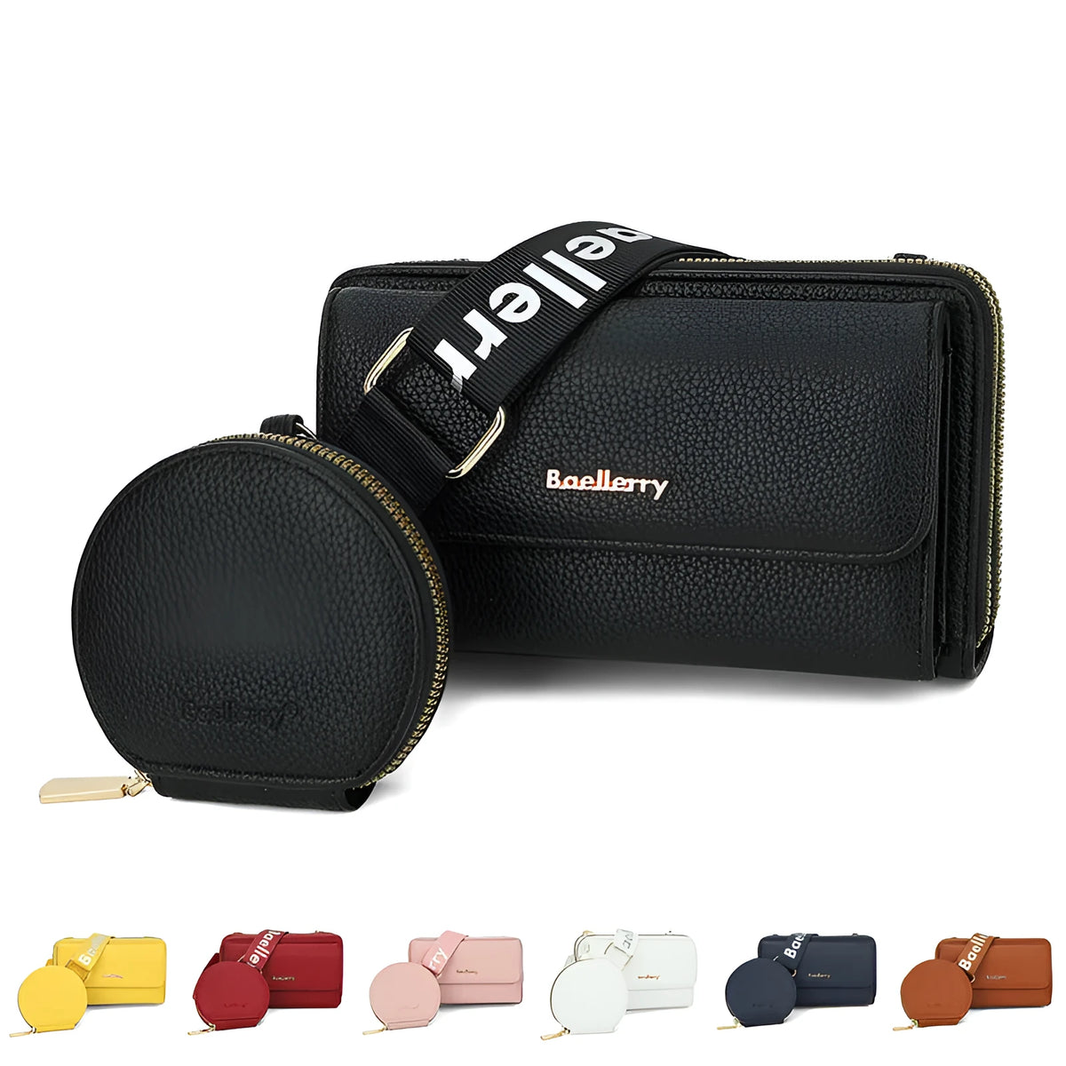Two lychee-textured composite crossbody bags with letter print and small coin purse in pink and dark blue