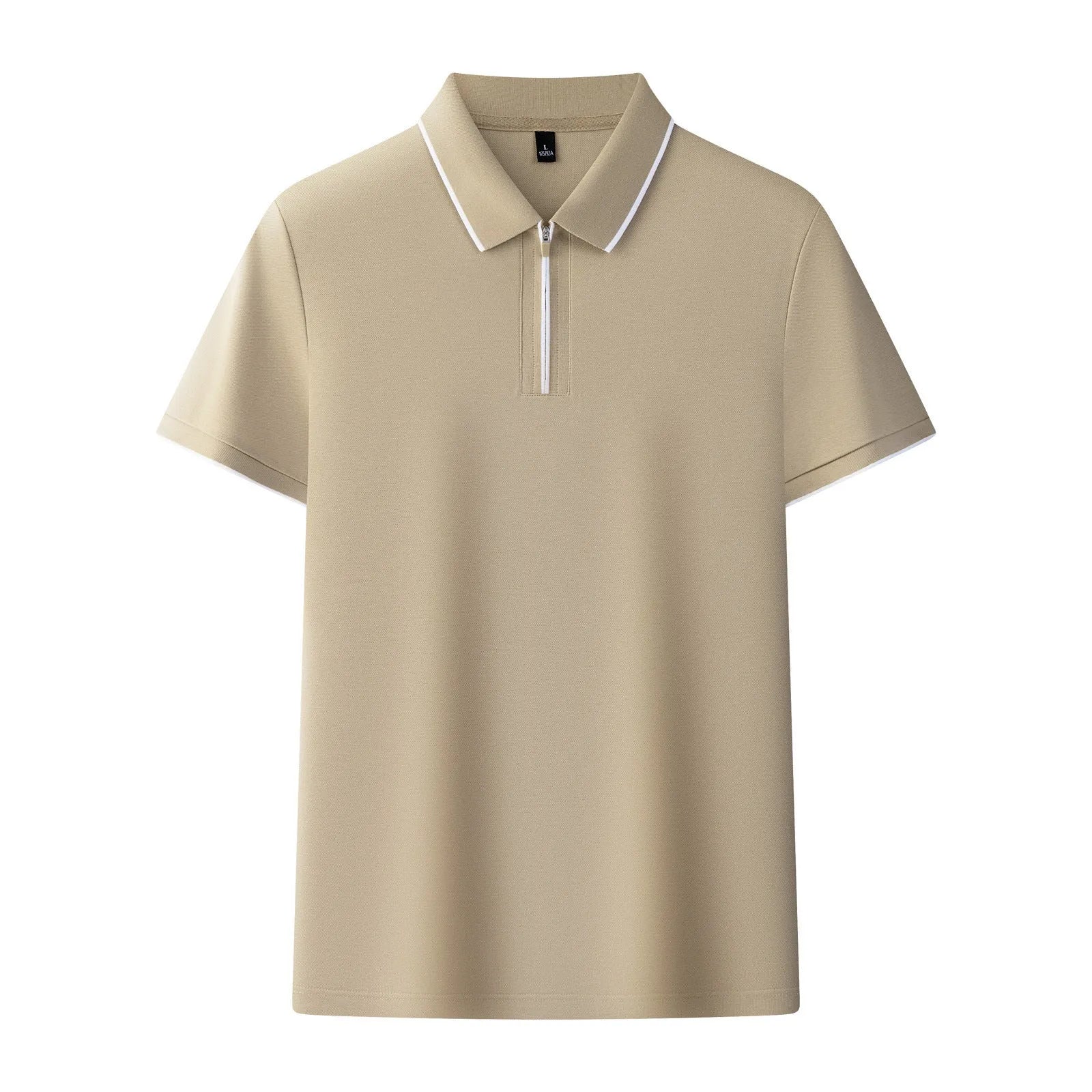 Men's solid colour polo shirt with a front zipper and short sleeves in beige apricot.