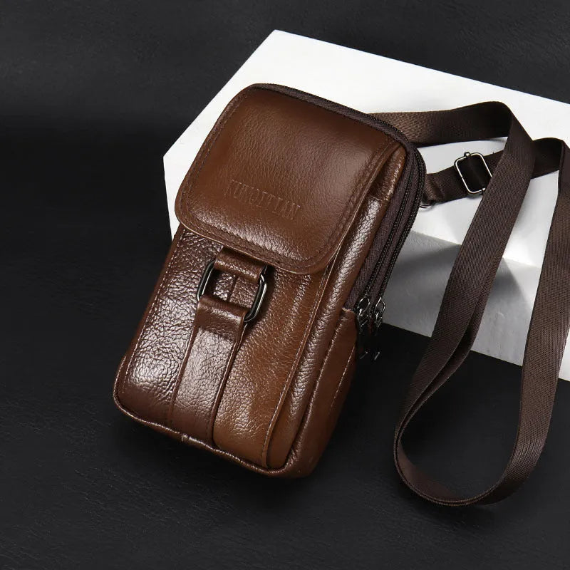 Genuine cowhide leather men's waist bag square vertical shape with sewing line detail black colour