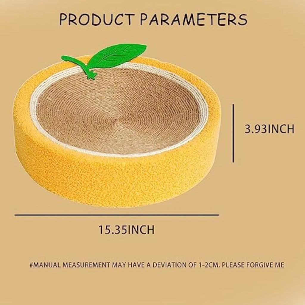 Yellow round sisal cat scratching board with fruity design, serving as both a scratching surface and a cat bed.